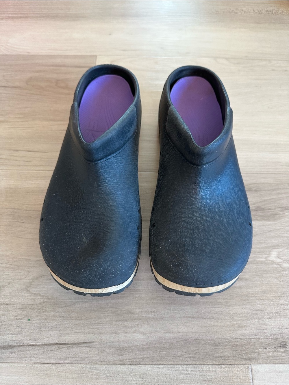 Dansko Black Clogs with Purple Insole